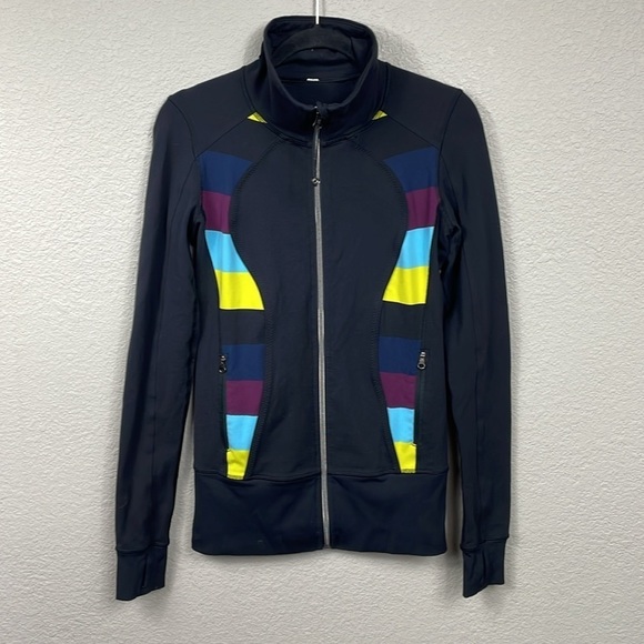 Lululemon Nice Asana Jacket Black Pow Stripe Split Pea Full Zip Thumb Holes - Picture 3 of 14